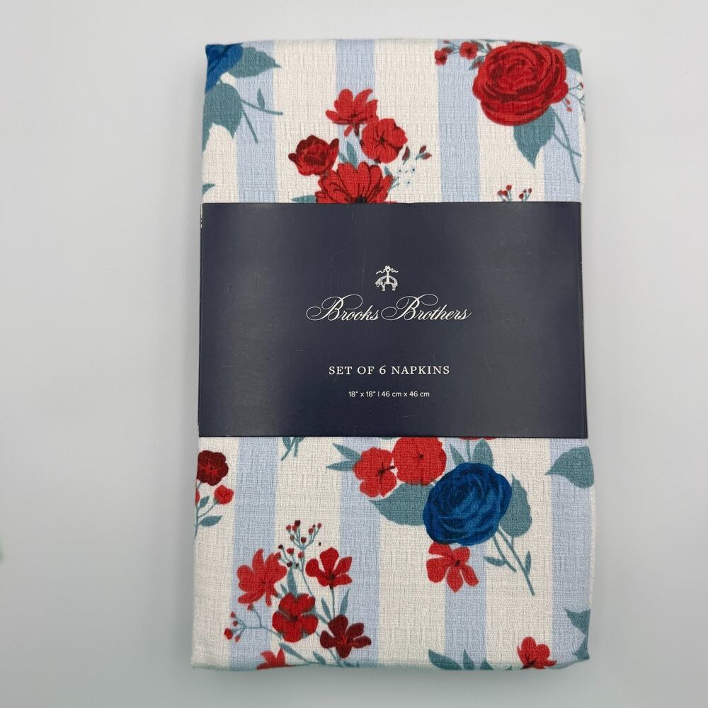 Brooks Brothers Set of 6 Cloth Napkins Floral Stripe Red White Blue 18x18 NWT